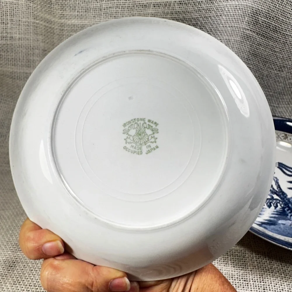 Vintage Occupied Japan Ironstone Blue Willow Rim Soup Bowl Pair 7.5in Blue White